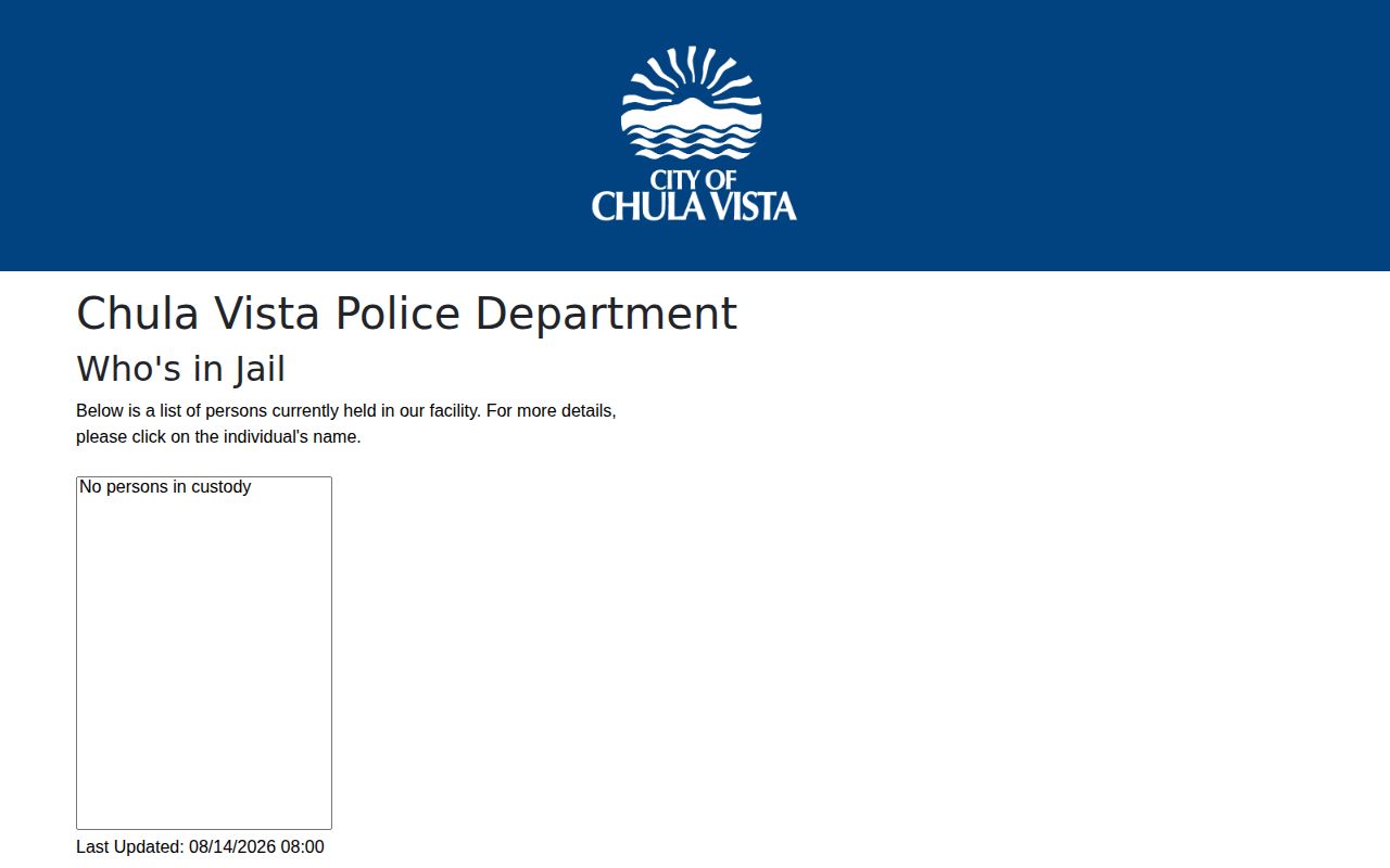 Chula Vista Police temporary booking and custody list for busted records
