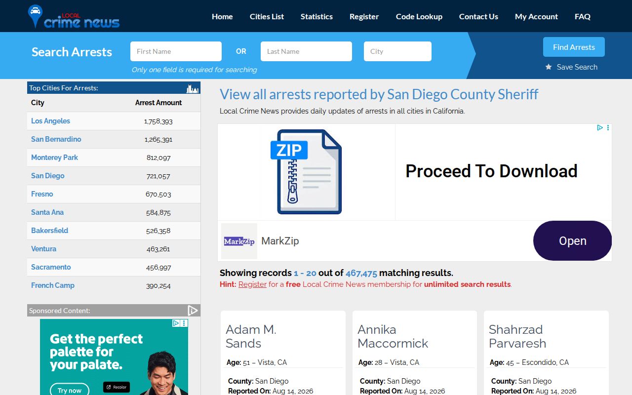 Unofficial San Diego County arrest record page on Local Crime News
