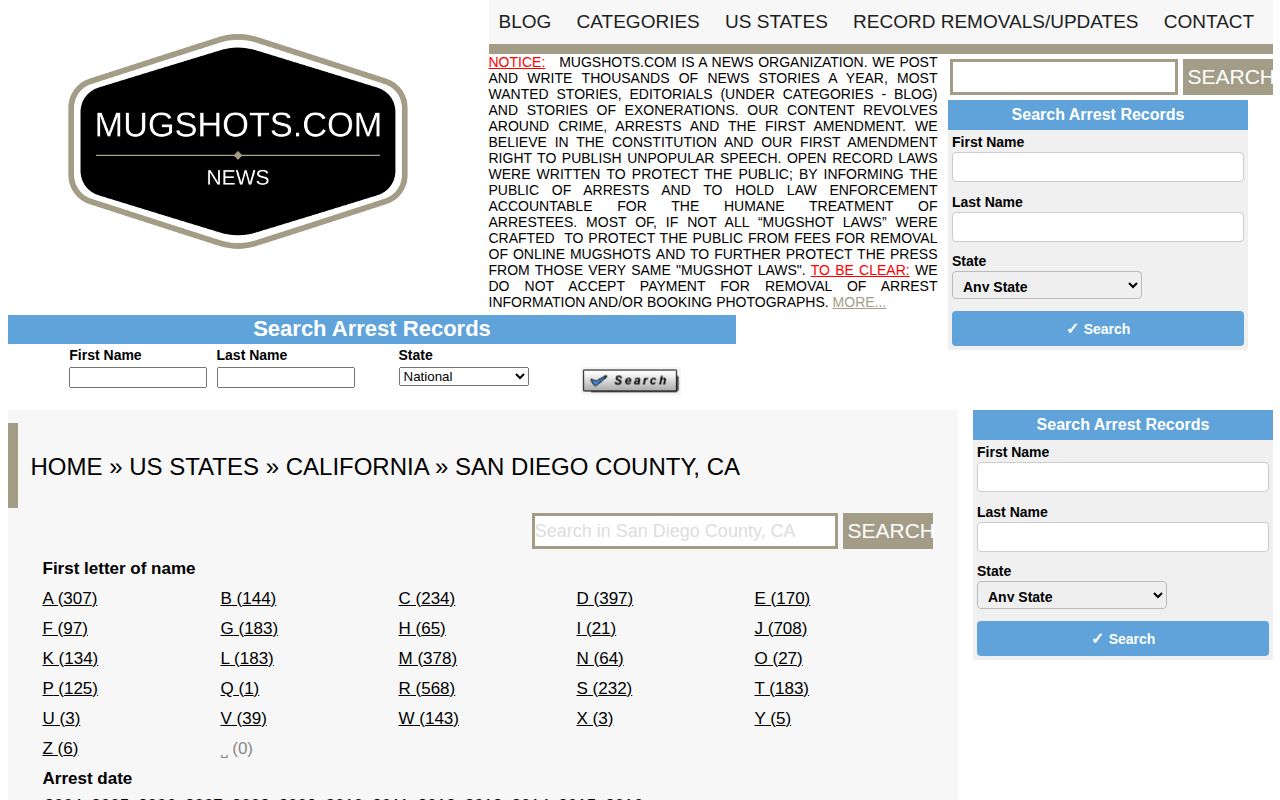 Historical unofficial San Diego County mugshot archive page
