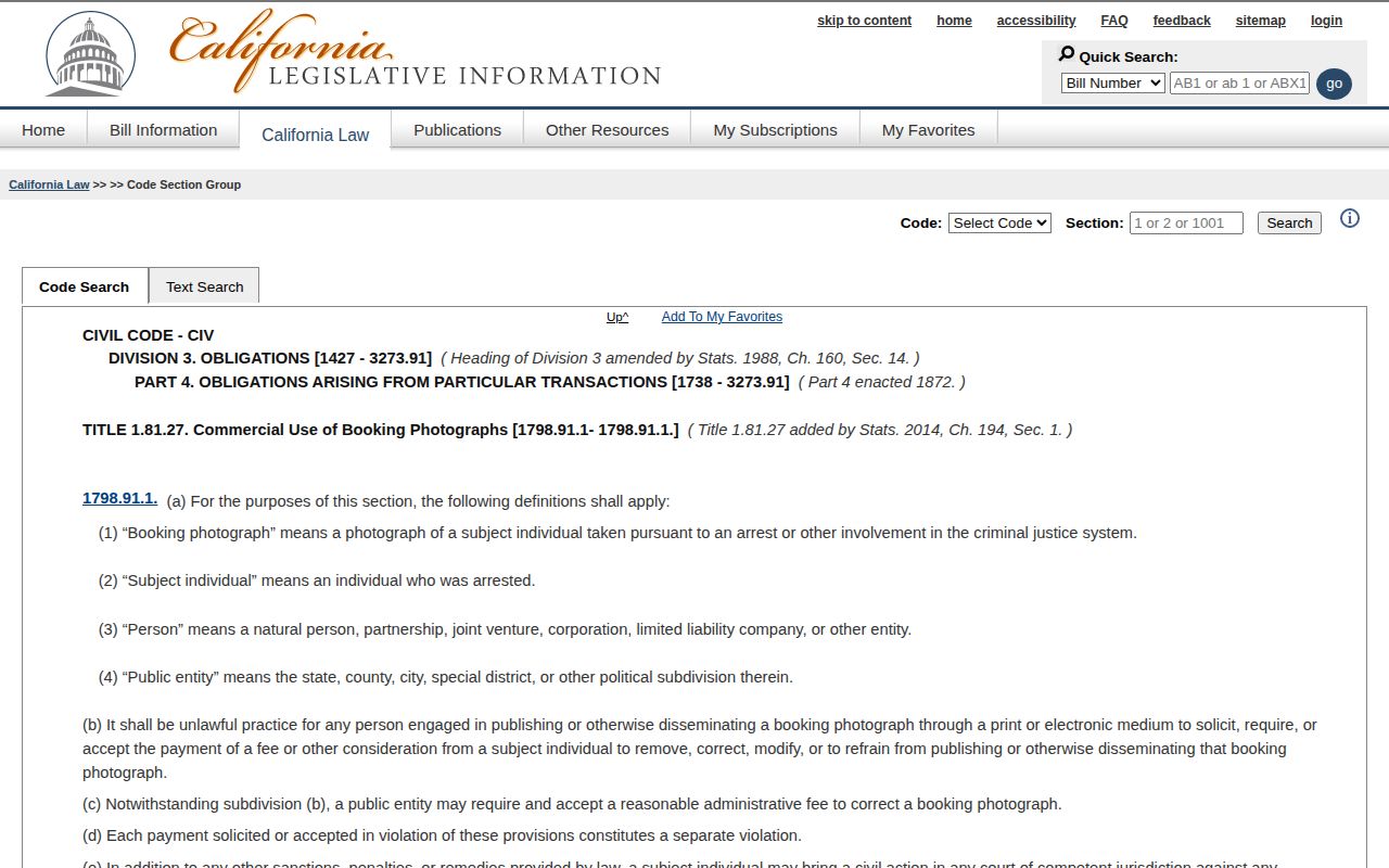 California law governing San Diego County booking-photo removal records