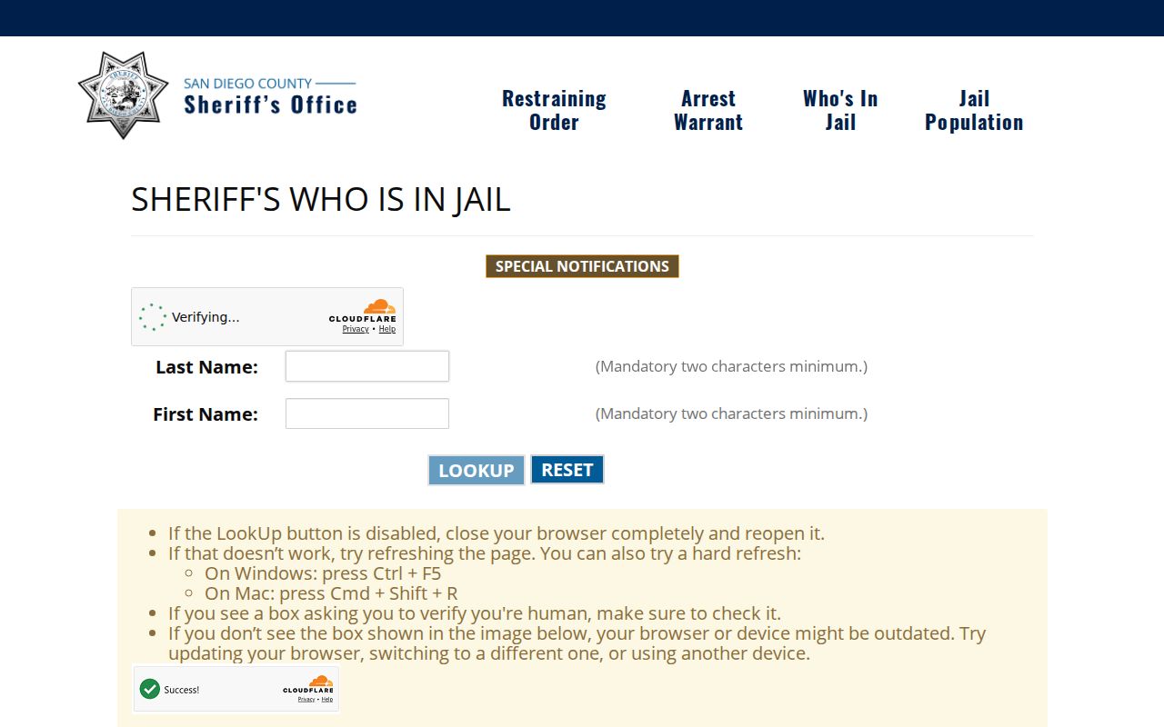 San Diego County Sheriff's current jail booking-record search