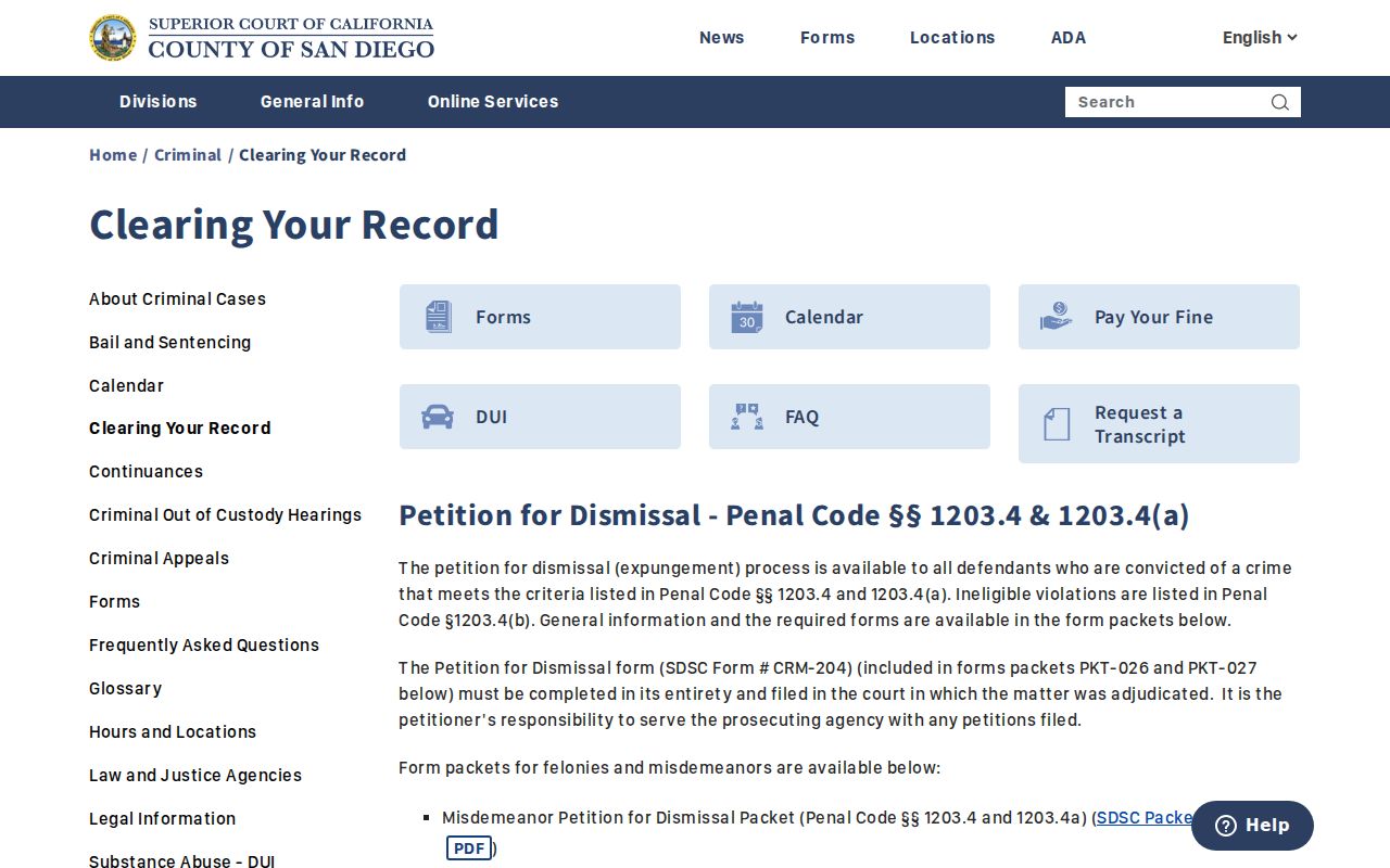 San Diego County court arrest-record sealing and dismissal information