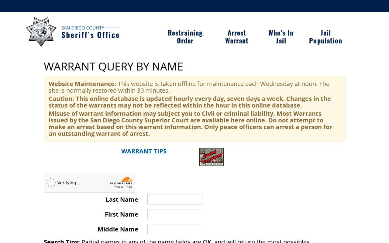 San Diego County official warrant record search interface